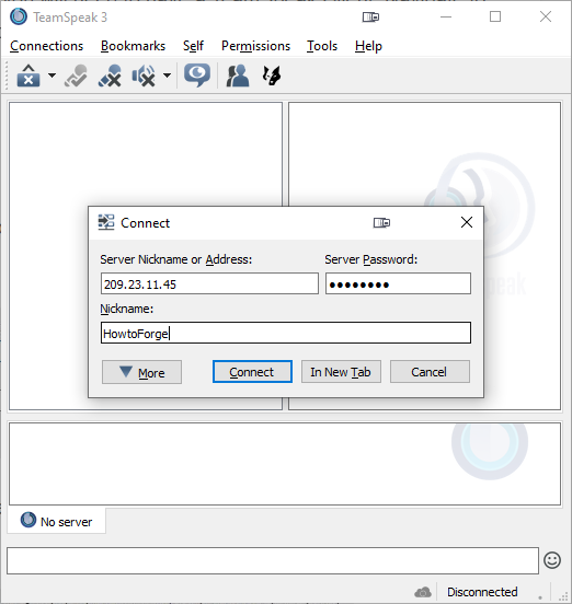 Диалог подключения к серверу TeamSpeak — ввод адреса и пароля