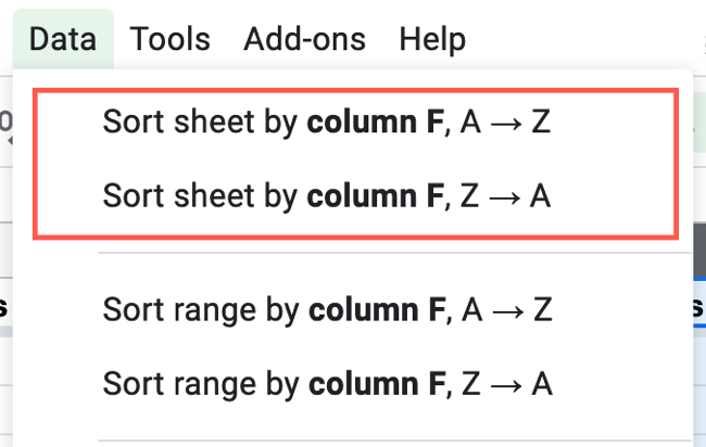 Нажмите Данные, Сортировать лист по столбцу
