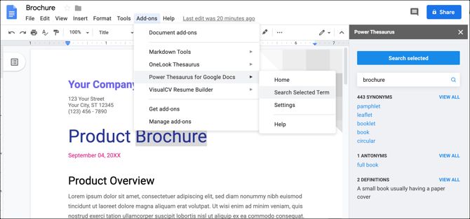 Power Thesaurus в боковой панели Google Docs
