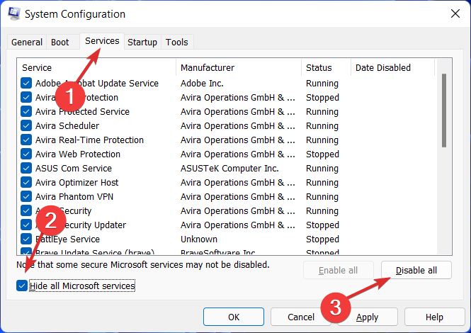Отключить службы