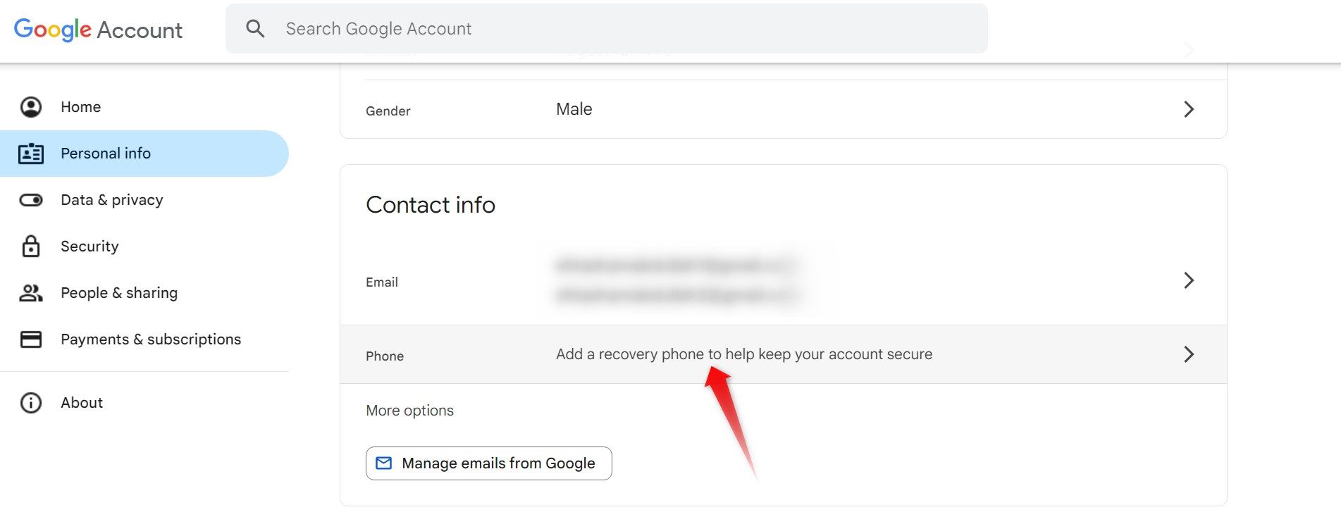 Нажатие на поле для ввода нового номера телефона в аккаунте Google