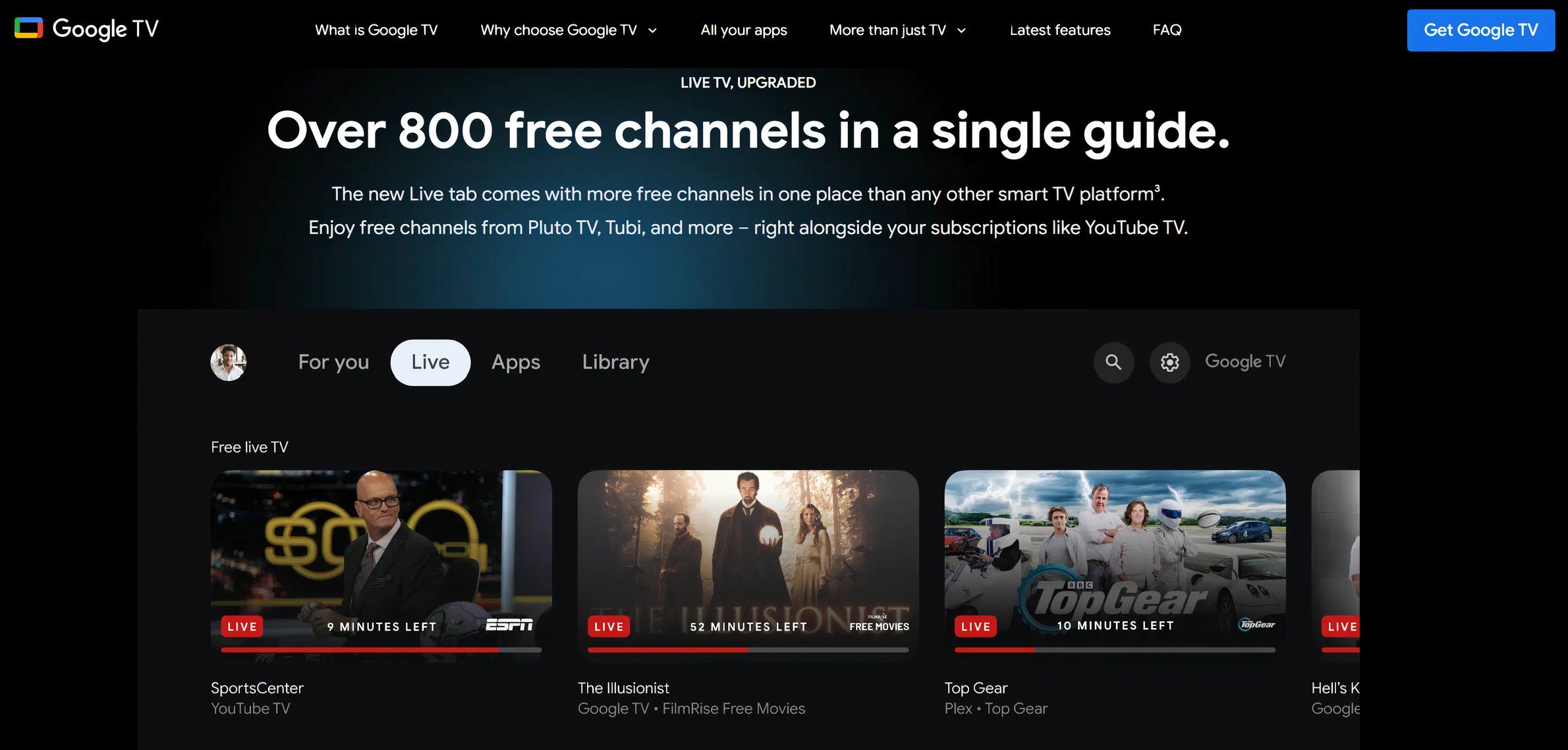 Главная страница Google TV с бесплатными каналами.