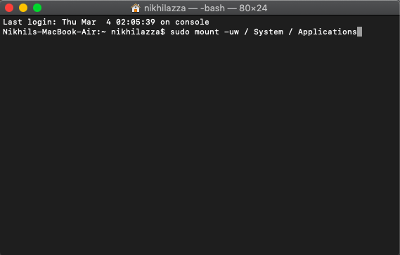 Команда sudo mount -uw / в Terminal