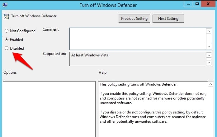 Отключение политики, выключающей Windows Defender