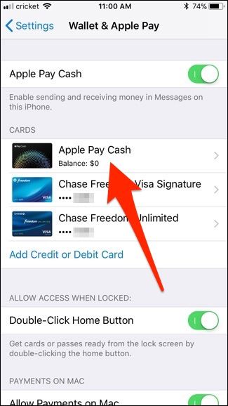 Экран карты Apple Pay Cash в настройках Wallet