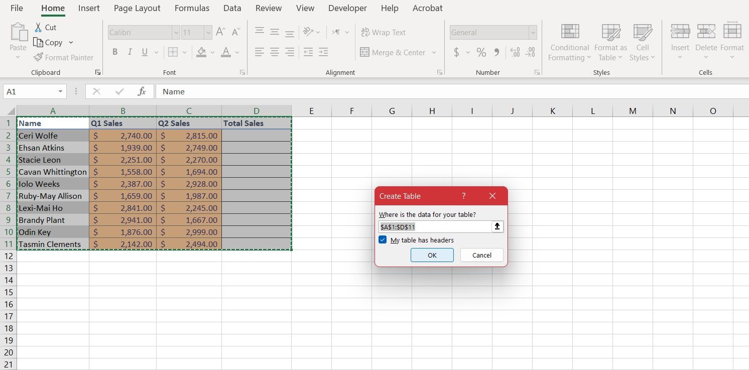 Параметры создания таблицы в Excel