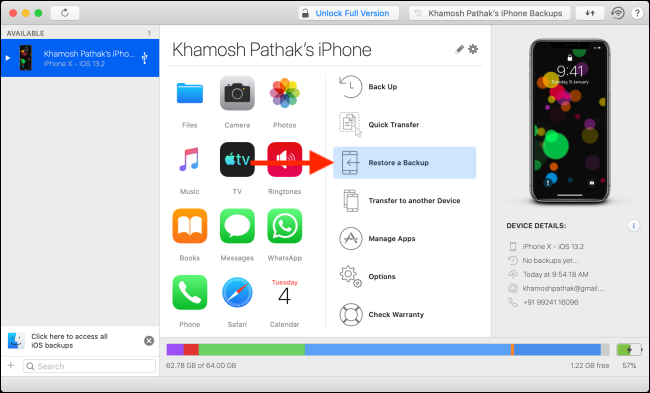 Выберите опцию Восстановить резервную копию в iMazing