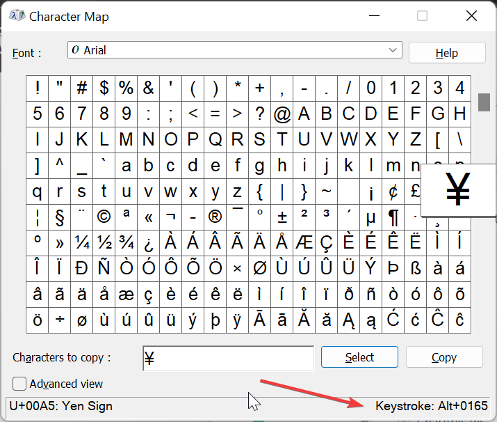 Окно с отображением Unicode кода выбранного символа