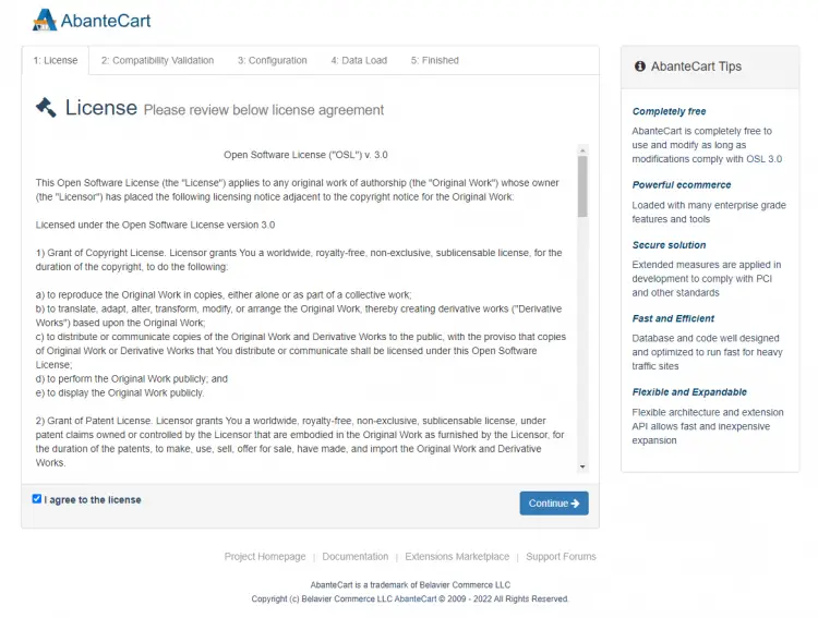 Экран лицензии AbanteCart
