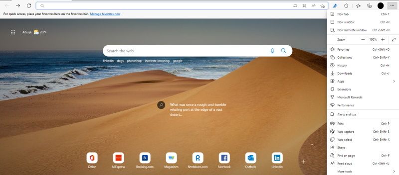 Меню с доступом к расширениям в Edge
