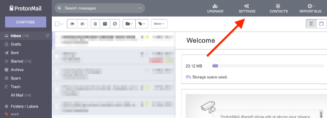 Вкладка «Настройки» в ProtonMail