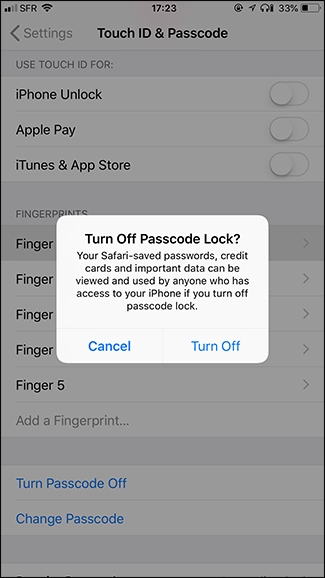 Экран: предупреждение об отключении код‑пароля и рисках