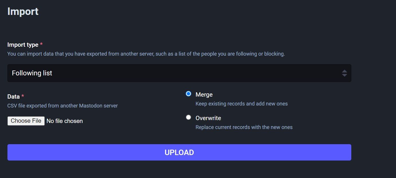 Страница импорта и экспорта данных аккаунта Mastodon