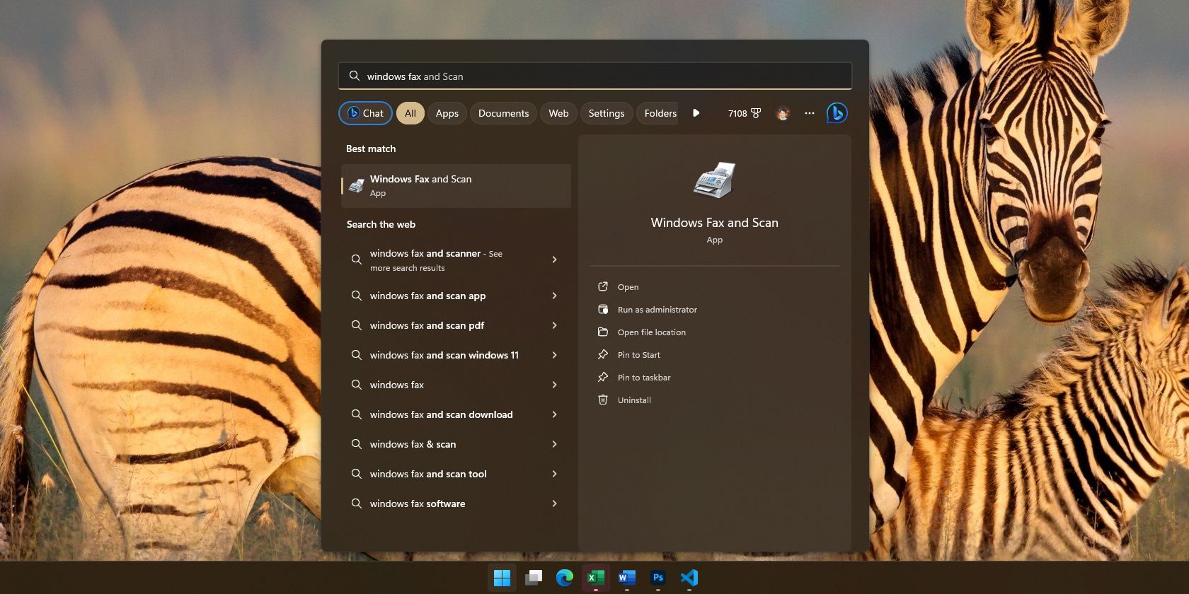 Windows fax and scan result in Start Menu