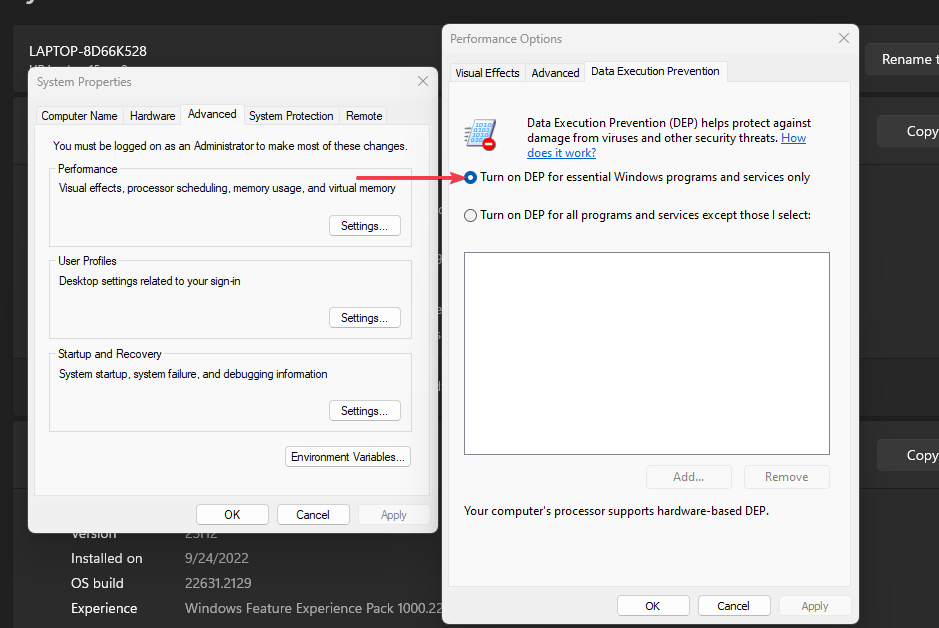 Вкладка Data Execution Prevention в параметрах производительности