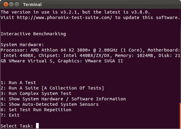 Меню опций и бенчмарков в Phoronix Test Suite