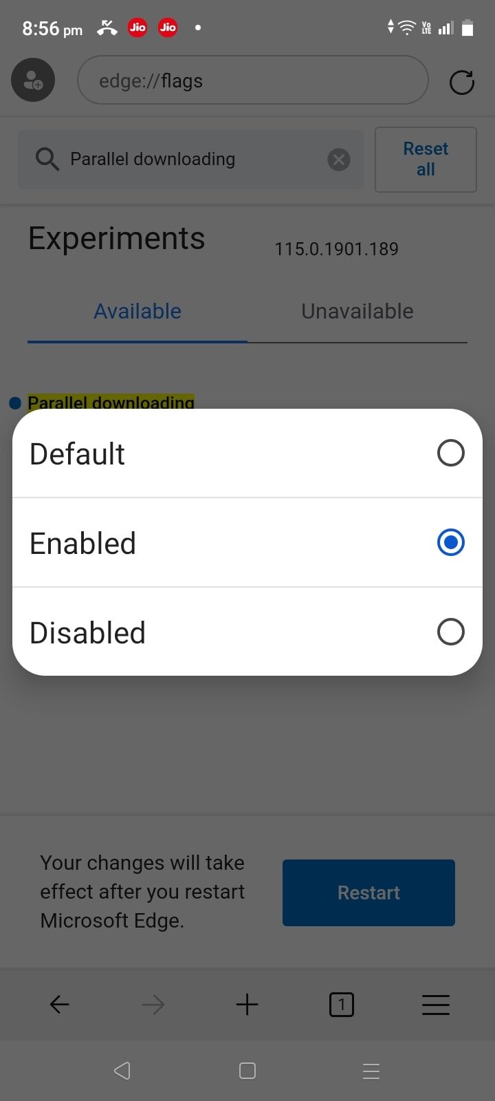Опция Enabled в Edge Android