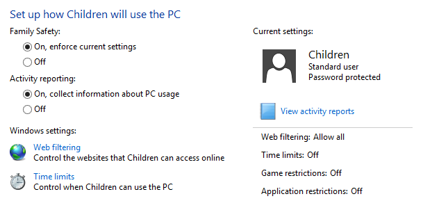 Список учётных записей Family Safety — включение и применение настроек
