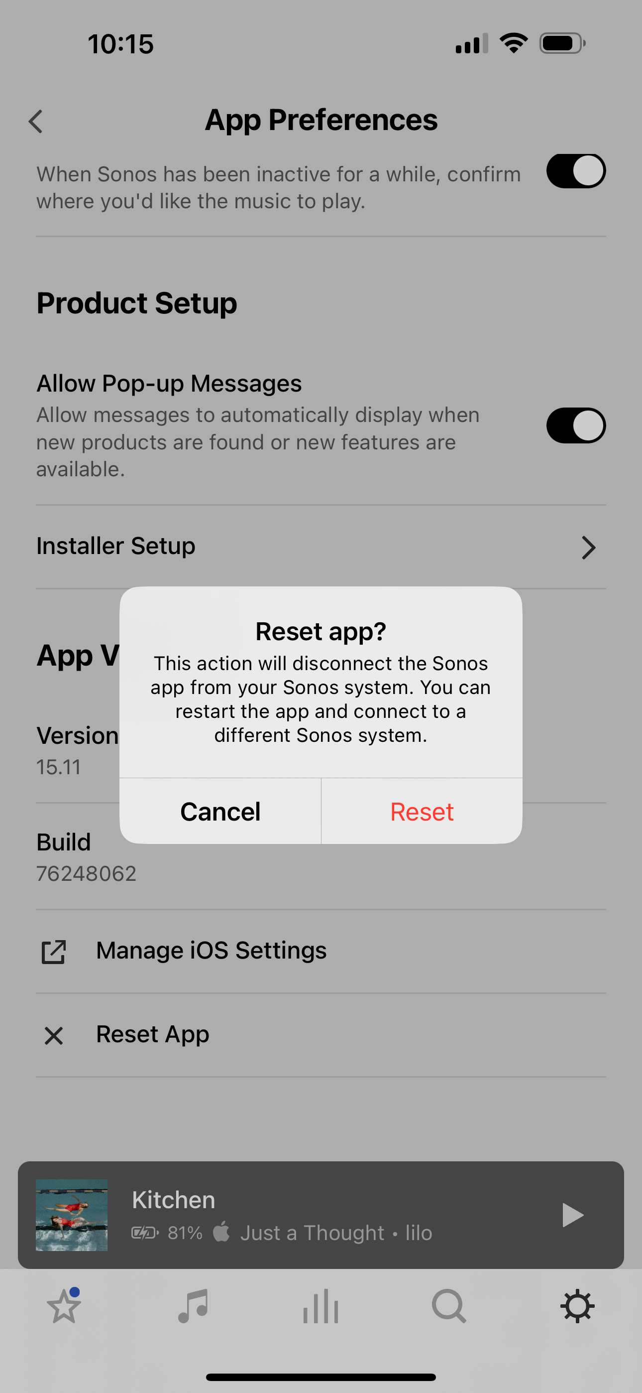 Подтверждение сброса приложения Sonos на iOS