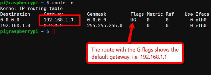 Скриншот вывода route -n с указанием шлюза по умолчанию