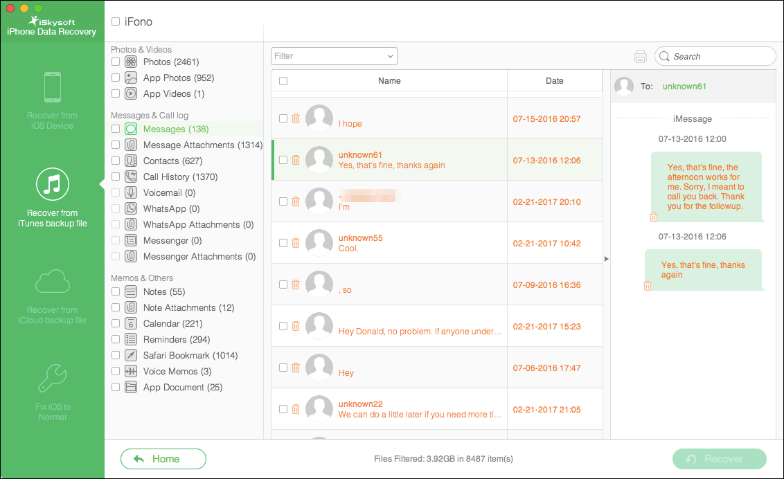 Скриншот выбора резервной копии iTunes в iSkySoft и кнопки «Start Scan»