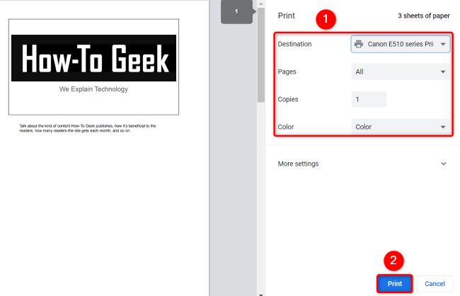 Окно печати браузера с параметрами и кнопкой «Печать» внизу.