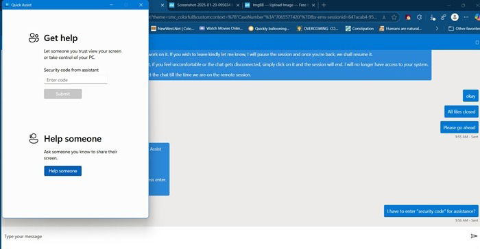 Чат в Windows 11 Quick Assist для решения проблем с обновлениями