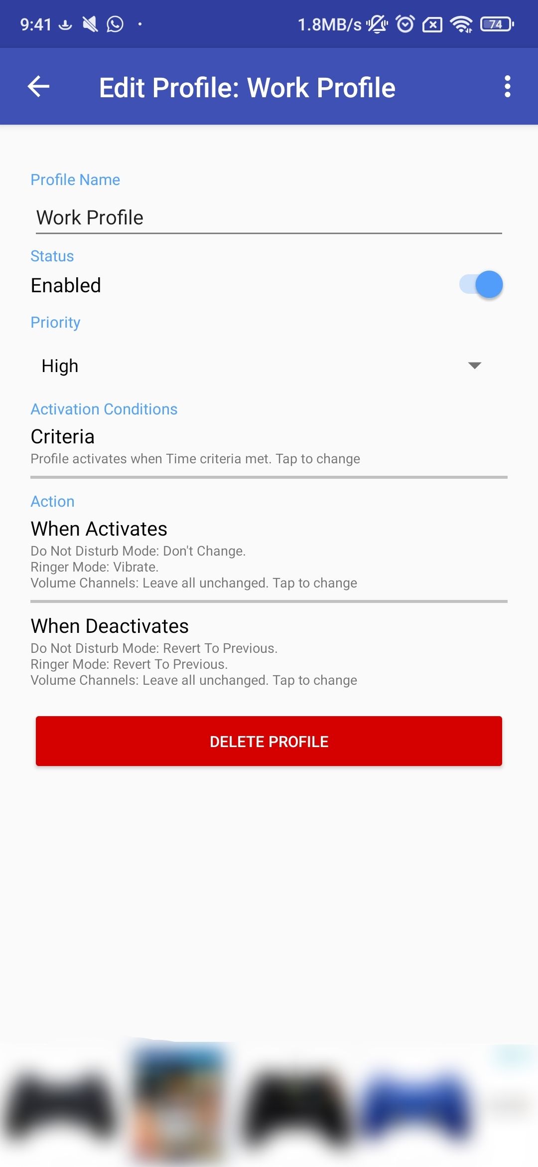 Профиль в Auto Do Not Disturb