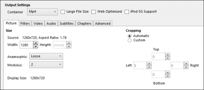Экран настроек вывода с полями «Container», «Video», «Audio», «Subtitles»