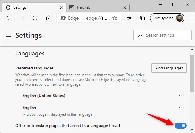 Настройка языка и предложение перевода в Edge
