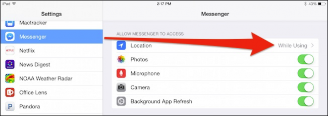 Настройки геолокации iOS для приложений с выбором Никогда/При использовании программы