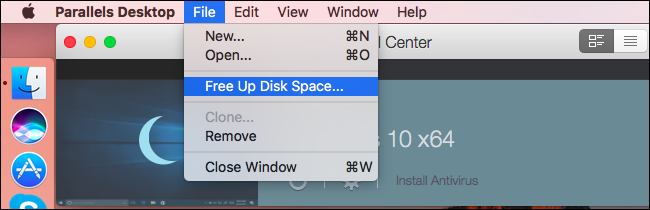 Мастер Free Up Disk Space в Parallels с опциями освобождения места
