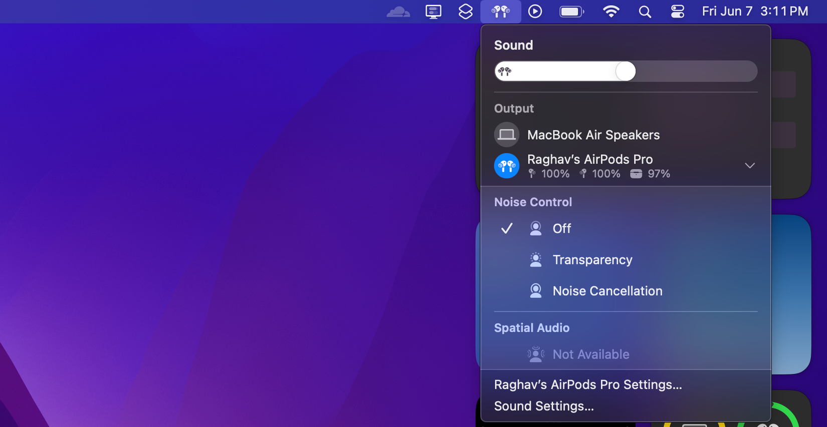 macOS Sonoma Menu Bar with options to control audio settings.