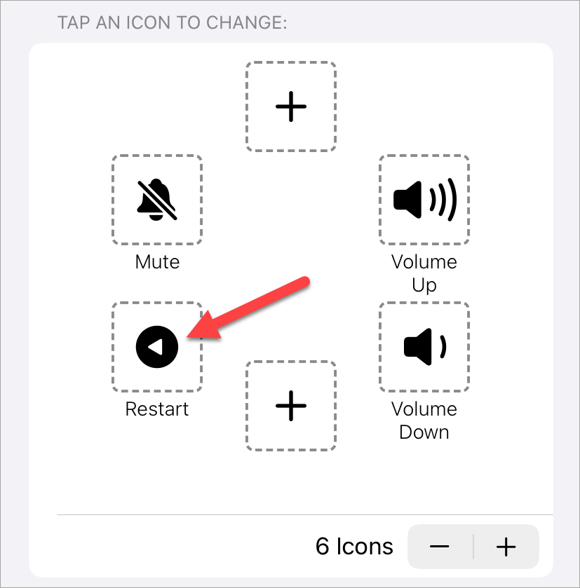 Выберите Перезагрузка как действие для кнопки AssistiveTouch