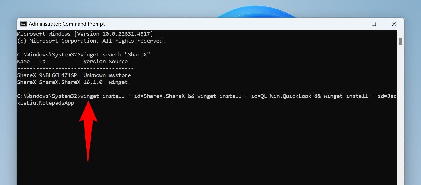 Команда установки нескольких приложений через Winget в Командной строке.