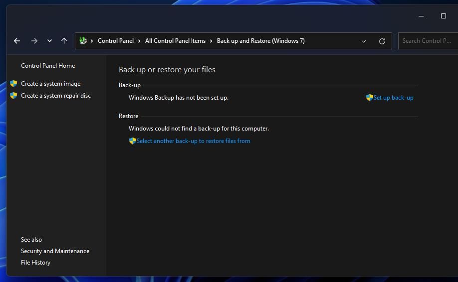 Параметр «Создать образ системы» в Панели управления