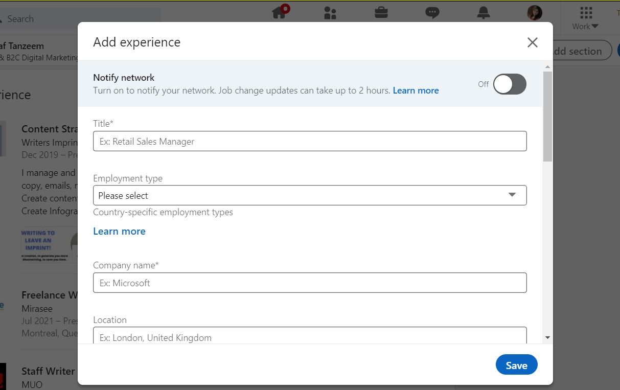 Раздел 'Опыт' в профиле LinkedIn