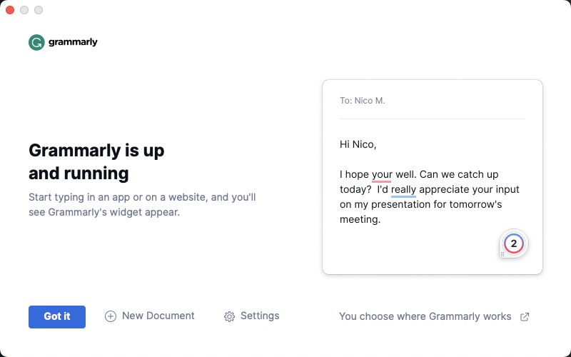 Экран запуска Grammarly в macOS