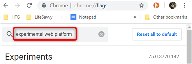 Поиск флага «Experimental Web Platform» в списке chrome://flags