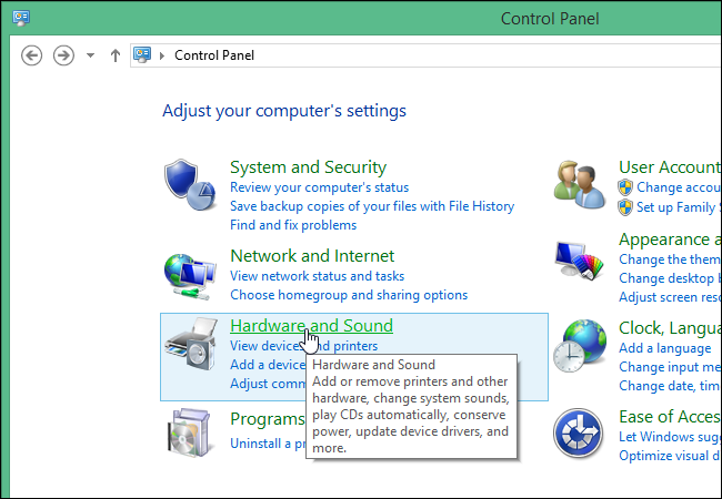 Позиция пункта «Мышь» в разделе «Оборудование и звук»