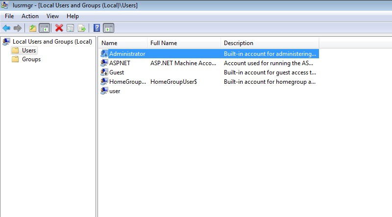 Окно Локальные пользователи и группы с отключённой учётной записью администратора