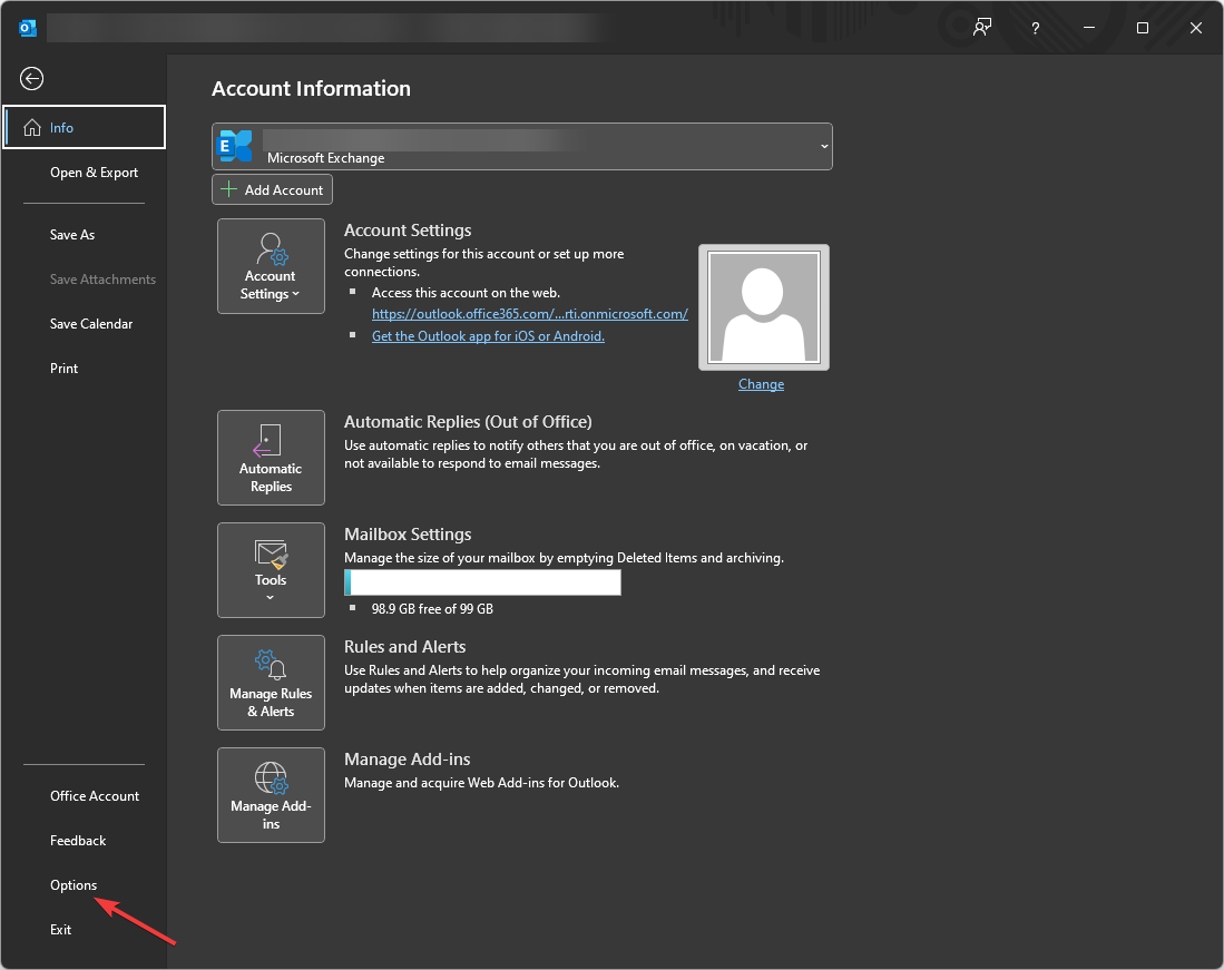Окно Параметры (Options) в Outlook
