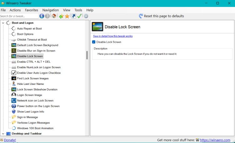 Отключение экрана блокировки в Winaero Tweaker