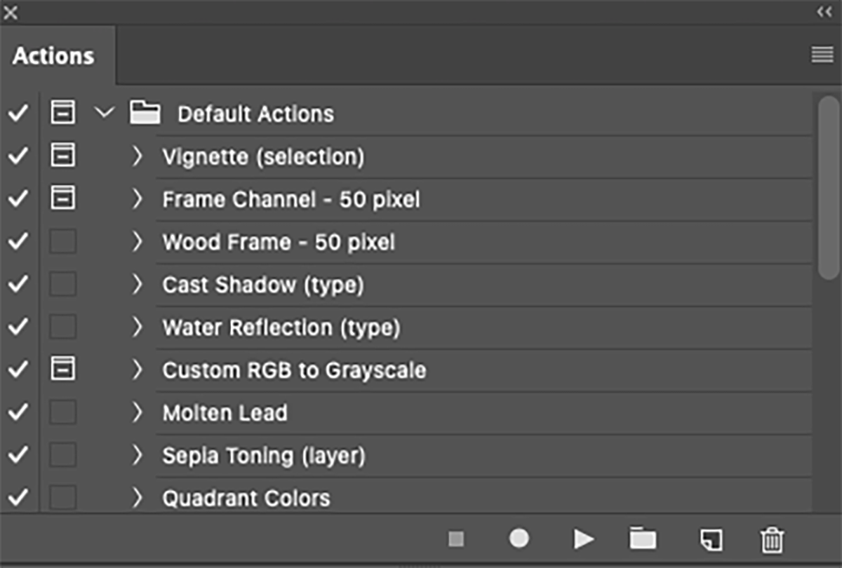 Окно Actions в Photoshop с панелью для создания action