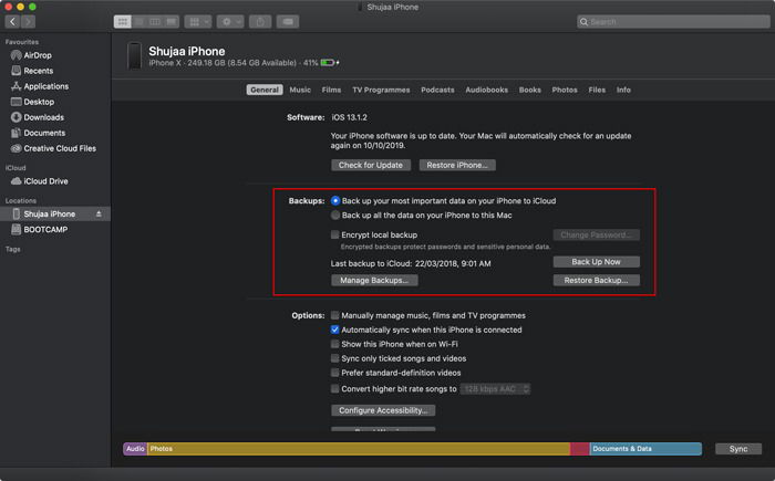 Параметры резервного копирования и восстановления в Finder