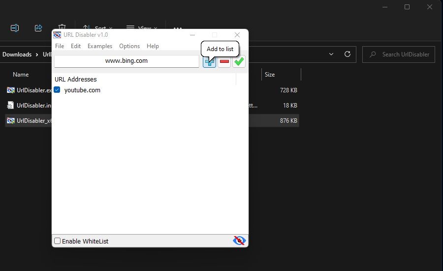 Интерфейс URL Disabler с добавленным доменом