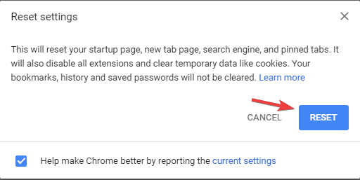 Кнопка Сбросить в Chrome