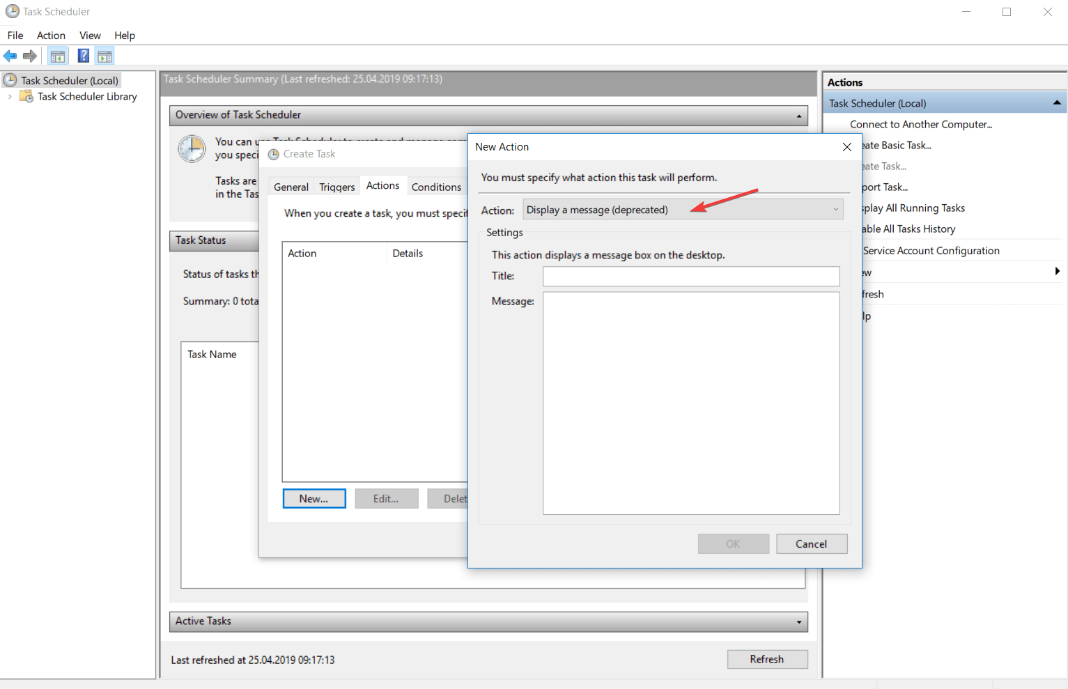 action display a message windows 10