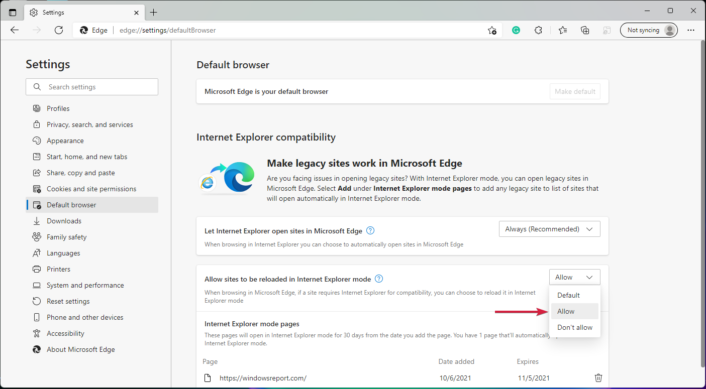 Разрешить режим Internet Explorer в Edge