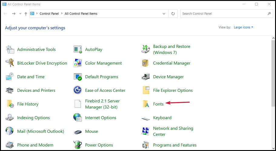 Раздел «Шрифты» в Панели управления
